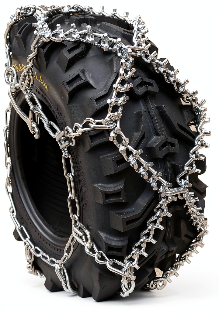 Installing TireChain Alloy Studded Tire Chains for ATV UTV on a wooden workbench