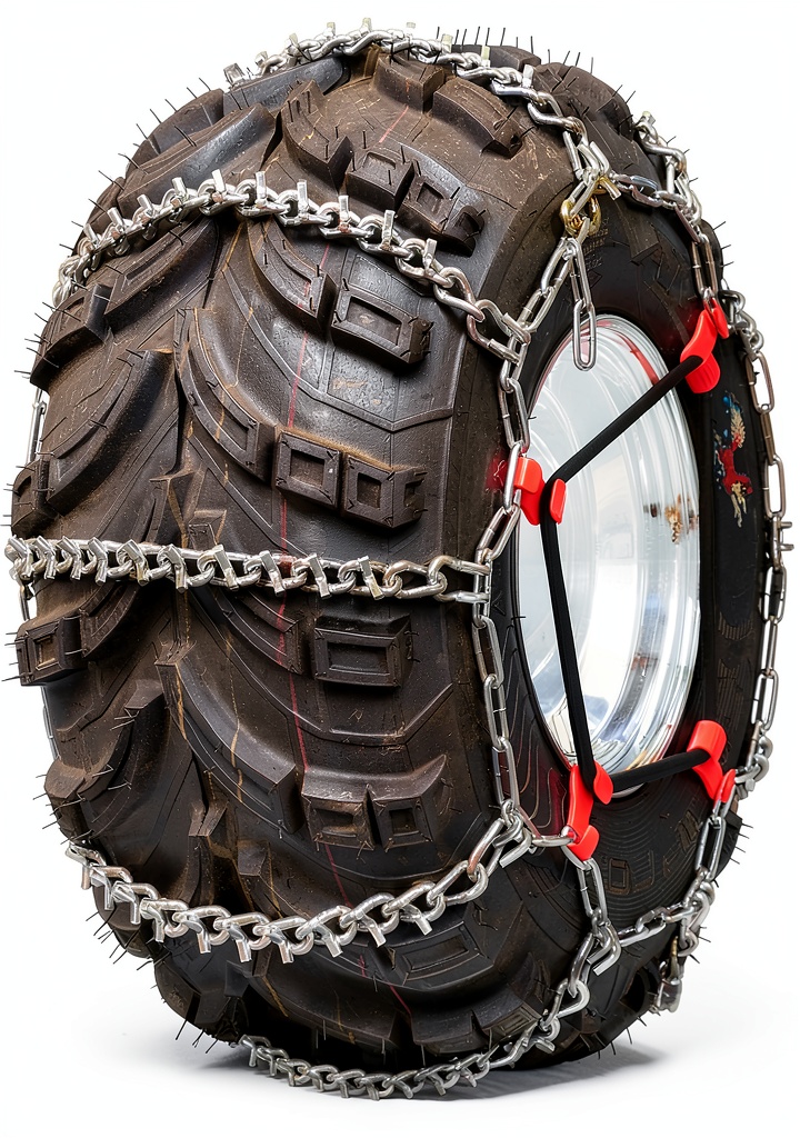 ATV equipped with Grizzlar snow chains on a snowy trail