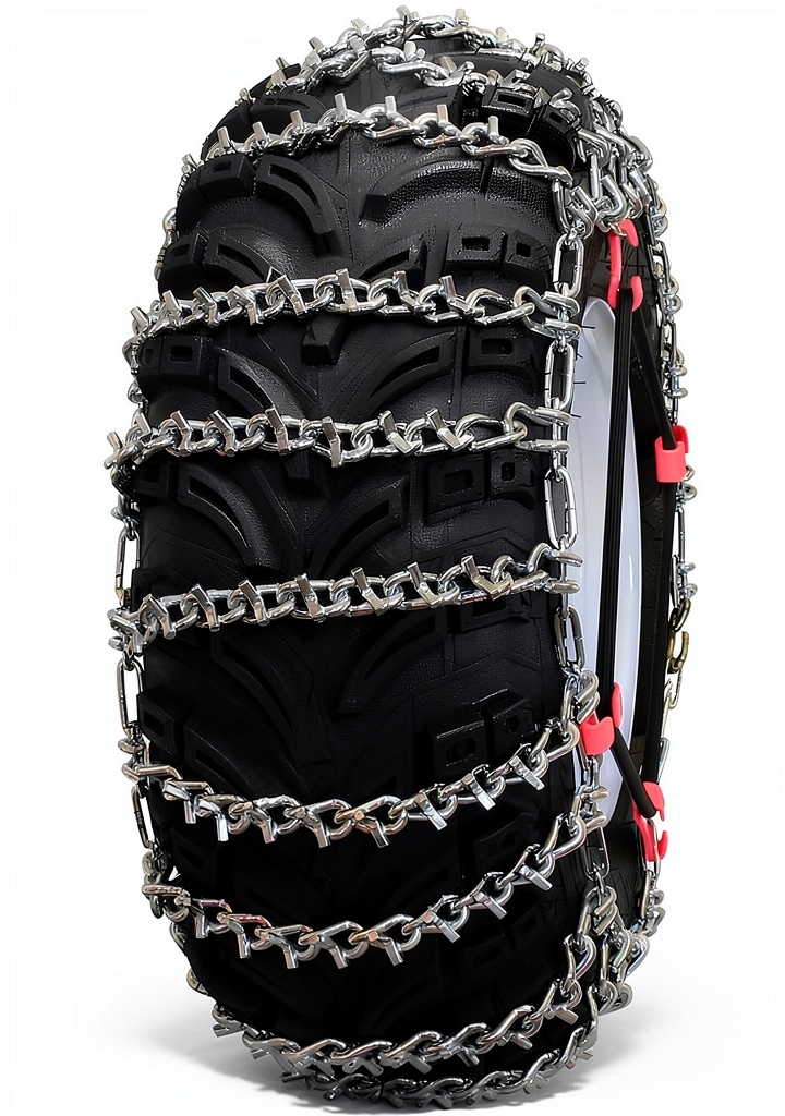 ATV equipped with Grizzlar snow chains on a snowy trail
