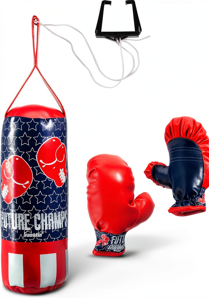 Child adjusting the height of the Franklin Sports mini punching bag on a doorway