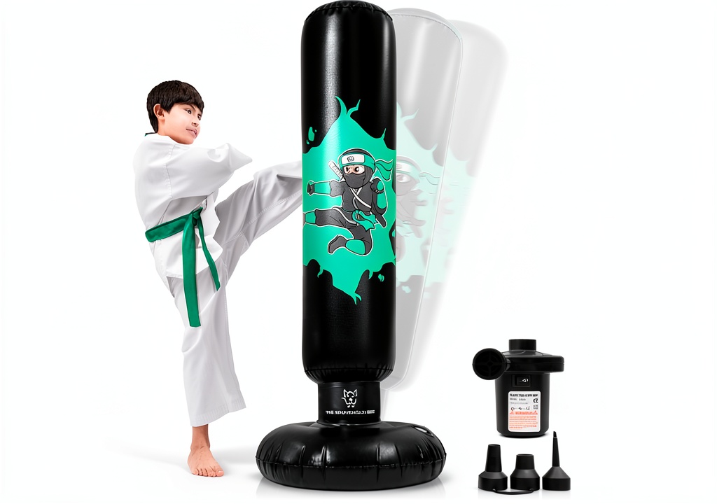 Kids using the Household Best freestanding punching bag in a backyard