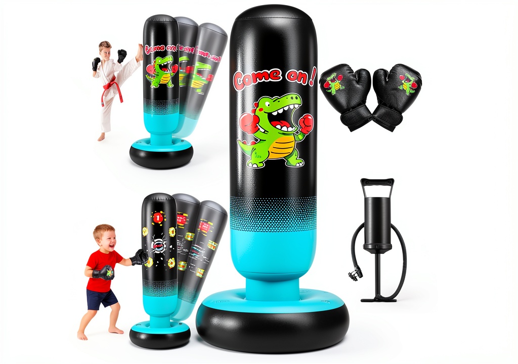 Child using the inflatable punching bag in a backyard