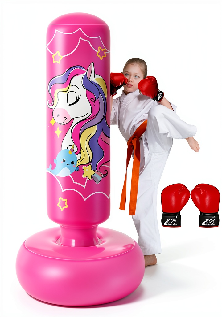 Child practicing punches on a freestanding punching bag