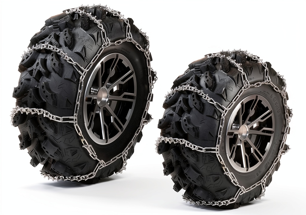 Raider ATV Snow Chains installed on a snow‑covered trail