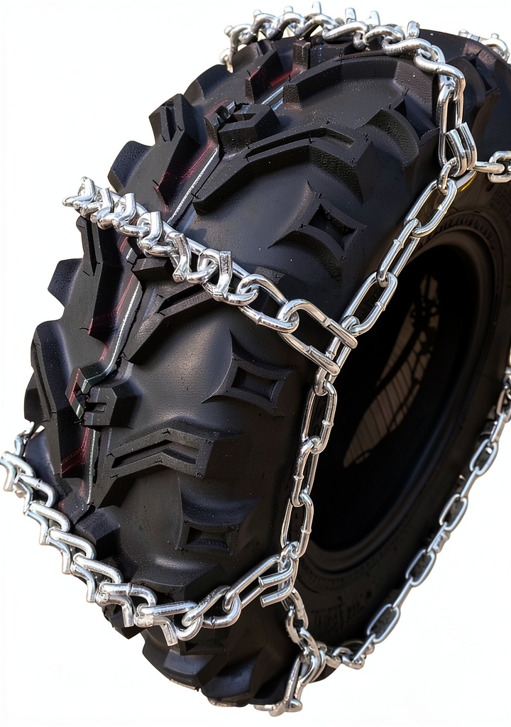 ATV equipped with TireChain.com snow chains on a snowy trail