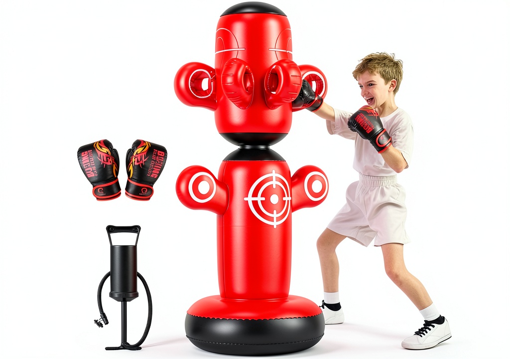 Child inflating the QPAU Kids Inflatable Punching Bag Red PVC Design on a garage floor