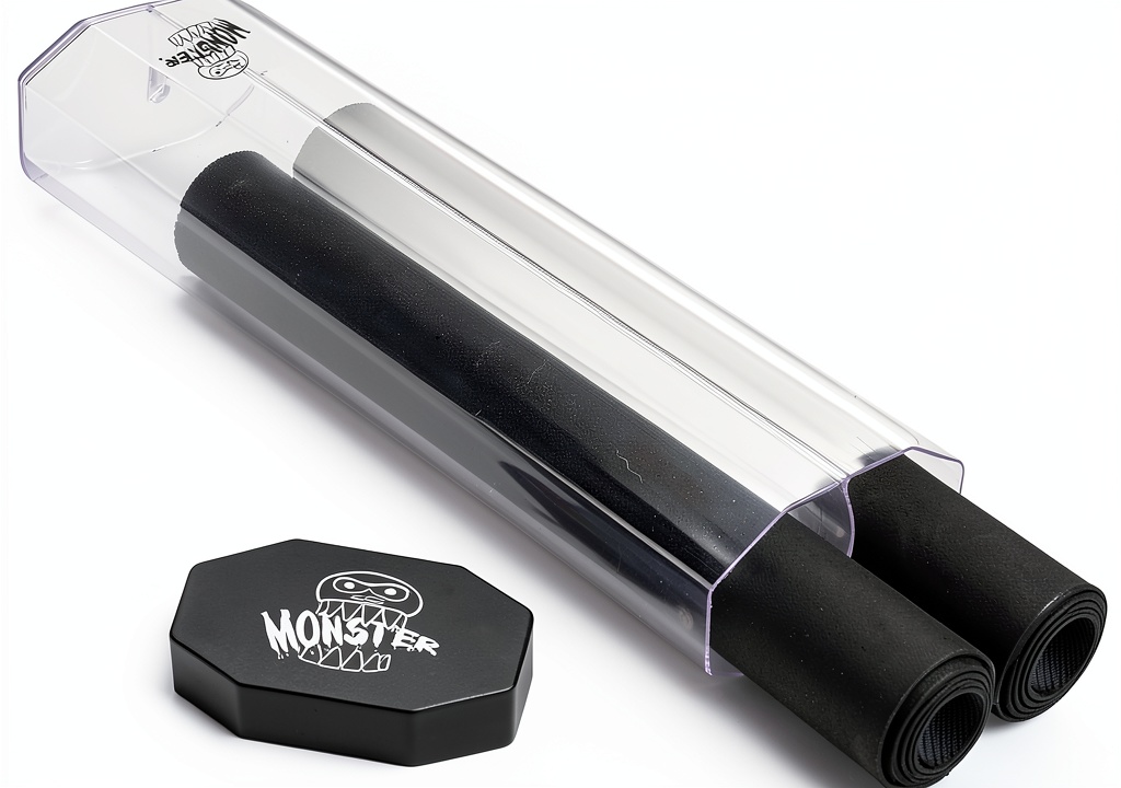 Dual Playmat Tube on a tabletop with two playmats inside