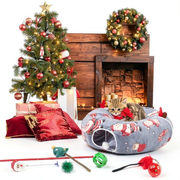 Cat Tunnel 9-Piece Christmas Set by Dansydaisy 3ft Plush Play Tunnel-6