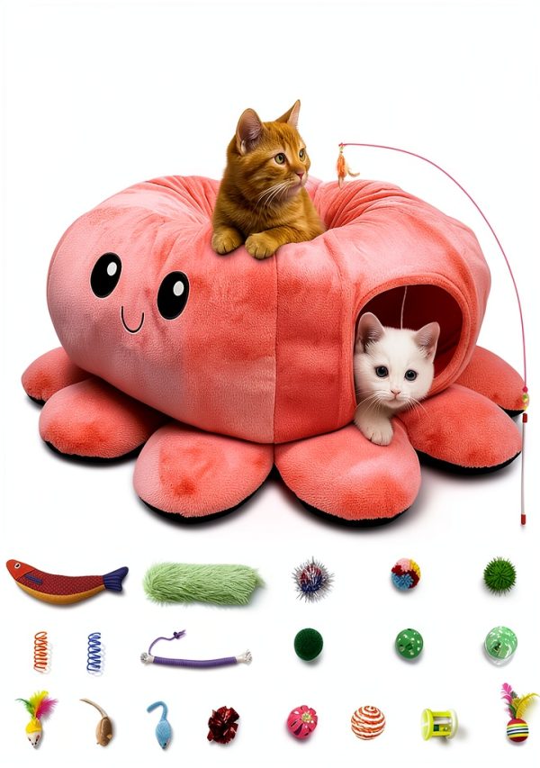Cat Tunnel Bed Octopus Shaped with 20 Toys - VIEFIN Medium Pink-0