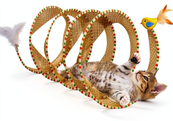 Spiral Tunnel Cat Toy Potaroma Foldable Tunnel with Feather Bell-0