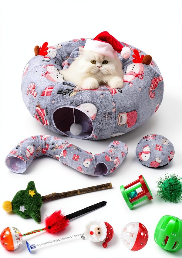 Cat Tunnel 9-Piece Christmas Set by Dansydaisy 3ft Plush Play Tunnel-0